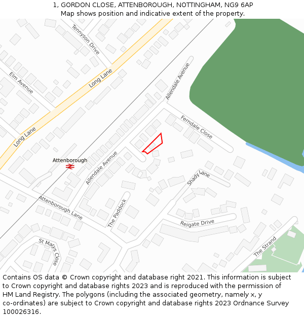 1, GORDON CLOSE, ATTENBOROUGH, NOTTINGHAM, NG9 6AP: Location map and indicative extent of plot