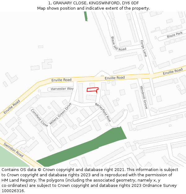 1, GRANARY CLOSE, KINGSWINFORD, DY6 0DF: Location map and indicative extent of plot