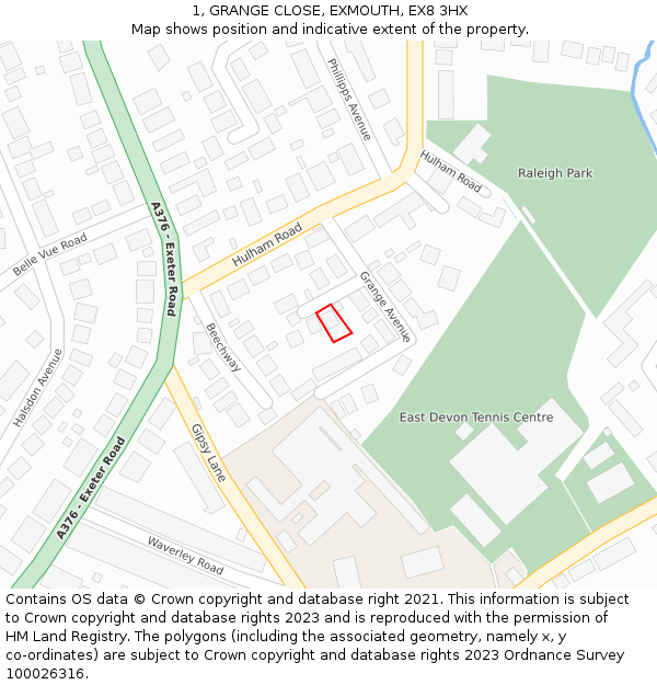 1, GRANGE CLOSE, EXMOUTH, EX8 3HX: Location map and indicative extent of plot