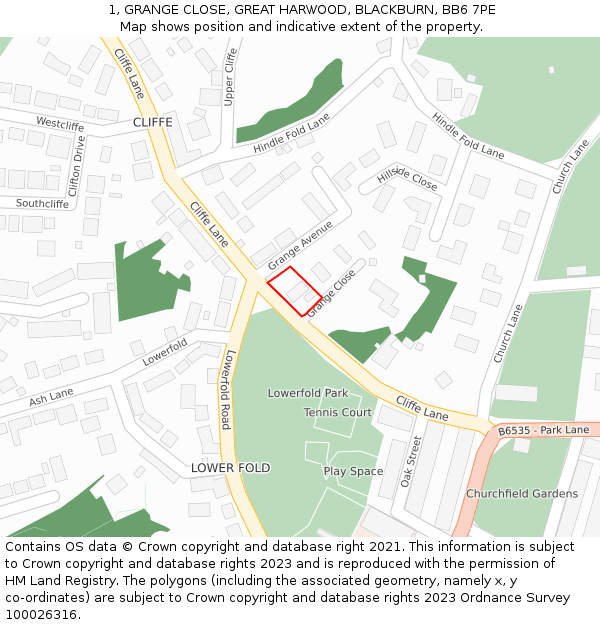 1, GRANGE CLOSE, GREAT HARWOOD, BLACKBURN, BB6 7PE: Location map and indicative extent of plot