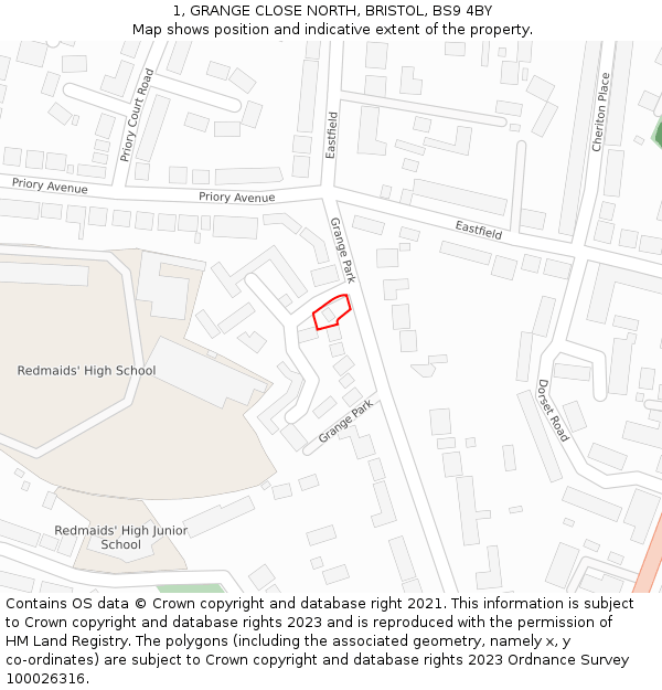 1, GRANGE CLOSE NORTH, BRISTOL, BS9 4BY: Location map and indicative extent of plot