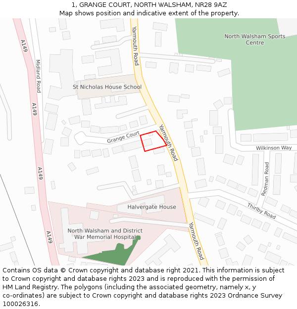1, GRANGE COURT, NORTH WALSHAM, NR28 9AZ: Location map and indicative extent of plot