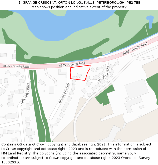 1, GRANGE CRESCENT, ORTON LONGUEVILLE, PETERBOROUGH, PE2 7EB: Location map and indicative extent of plot