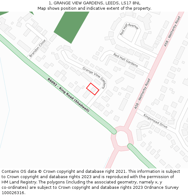 1, GRANGE VIEW GARDENS, LEEDS, LS17 8NL: Location map and indicative extent of plot