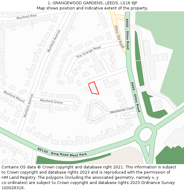 1, GRANGEWOOD GARDENS, LEEDS, LS16 6JP: Location map and indicative extent of plot