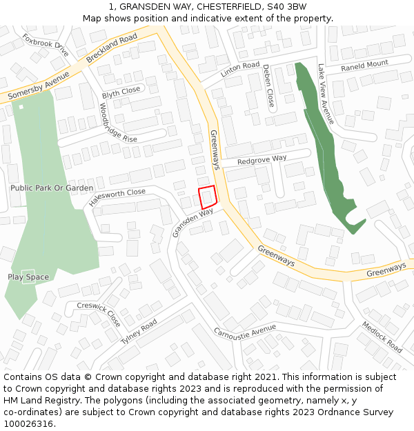 1, GRANSDEN WAY, CHESTERFIELD, S40 3BW: Location map and indicative extent of plot