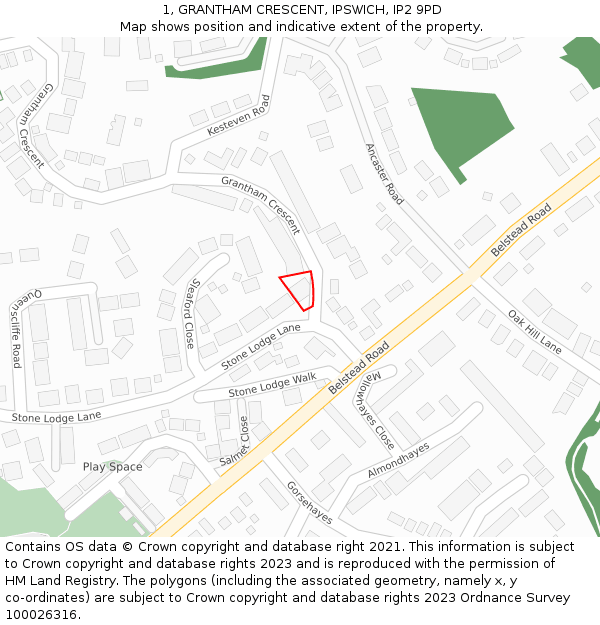 1, GRANTHAM CRESCENT, IPSWICH, IP2 9PD: Location map and indicative extent of plot