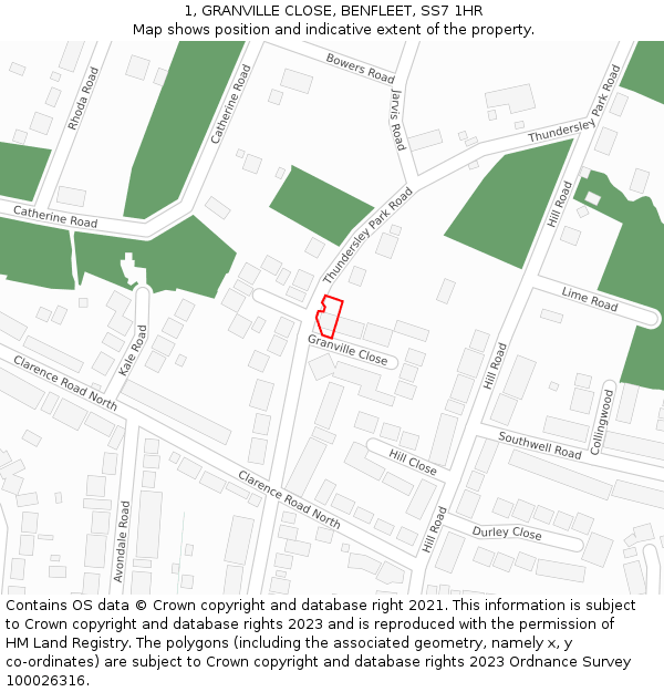 1, GRANVILLE CLOSE, BENFLEET, SS7 1HR: Location map and indicative extent of plot