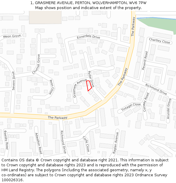 1, GRASMERE AVENUE, PERTON, WOLVERHAMPTON, WV6 7PW: Location map and indicative extent of plot