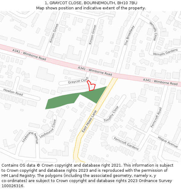 1, GRAYCOT CLOSE, BOURNEMOUTH, BH10 7BU: Location map and indicative extent of plot
