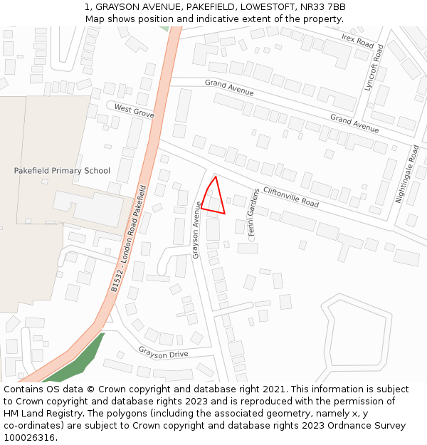 1, GRAYSON AVENUE, PAKEFIELD, LOWESTOFT, NR33 7BB: Location map and indicative extent of plot
