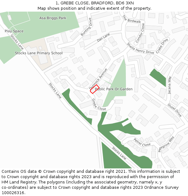 1, GREBE CLOSE, BRADFORD, BD6 3XN: Location map and indicative extent of plot