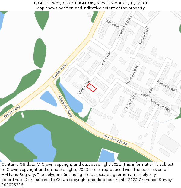 1, GREBE WAY, KINGSTEIGNTON, NEWTON ABBOT, TQ12 3FR: Location map and indicative extent of plot