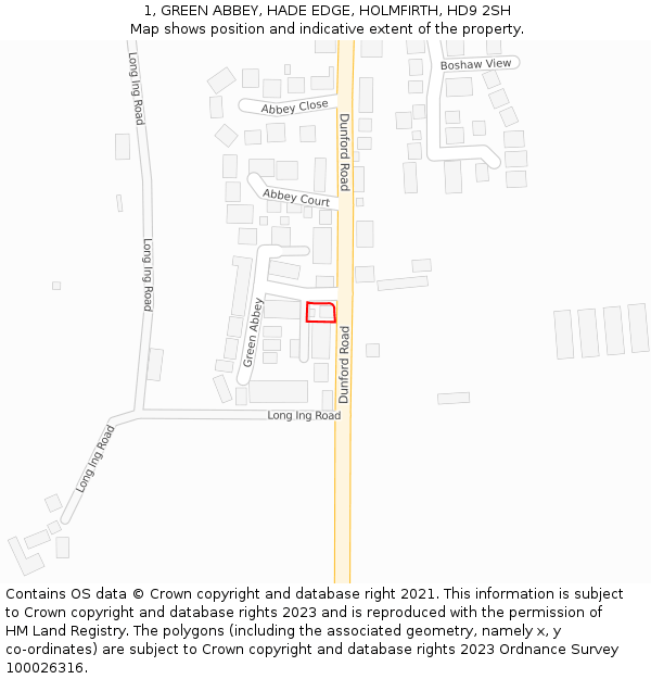 1, GREEN ABBEY, HADE EDGE, HOLMFIRTH, HD9 2SH: Location map and indicative extent of plot