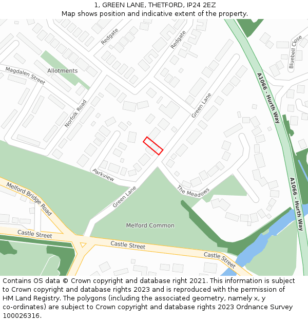 1, GREEN LANE, THETFORD, IP24 2EZ: Location map and indicative extent of plot