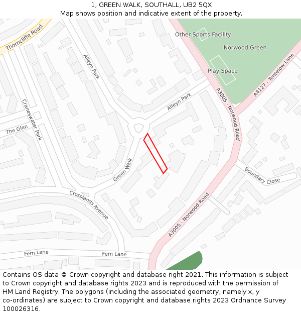 1, GREEN WALK, SOUTHALL, UB2 5QX: Location map and indicative extent of plot