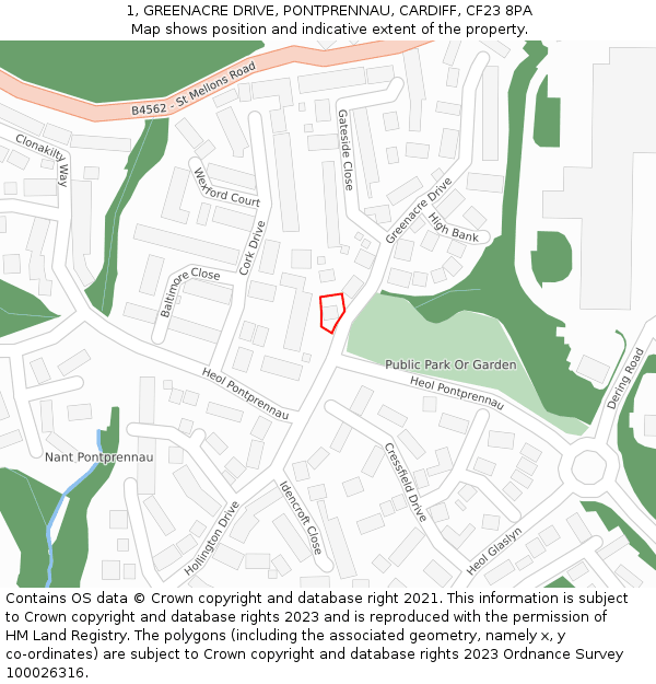1, GREENACRE DRIVE, PONTPRENNAU, CARDIFF, CF23 8PA: Location map and indicative extent of plot