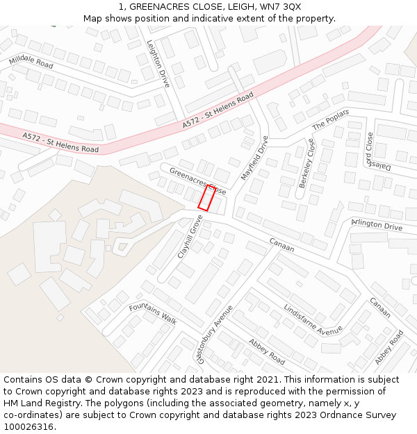 1, GREENACRES CLOSE, LEIGH, WN7 3QX: Location map and indicative extent of plot