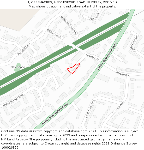 1, GREENACRES, HEDNESFORD ROAD, RUGELEY, WS15 1JP: Location map and indicative extent of plot