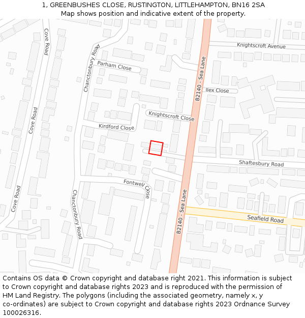 1, GREENBUSHES CLOSE, RUSTINGTON, LITTLEHAMPTON, BN16 2SA: Location map and indicative extent of plot