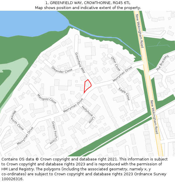 1, GREENFIELD WAY, CROWTHORNE, RG45 6TL: Location map and indicative extent of plot