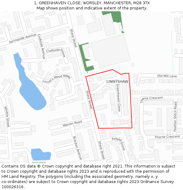 1, GREENHAVEN CLOSE, WORSLEY, MANCHESTER, M28 3TX: Location map and indicative extent of plot
