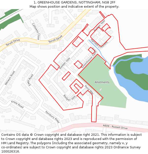 1, GREENHOUSE GARDENS, NOTTINGHAM, NG8 2FF: Location map and indicative extent of plot