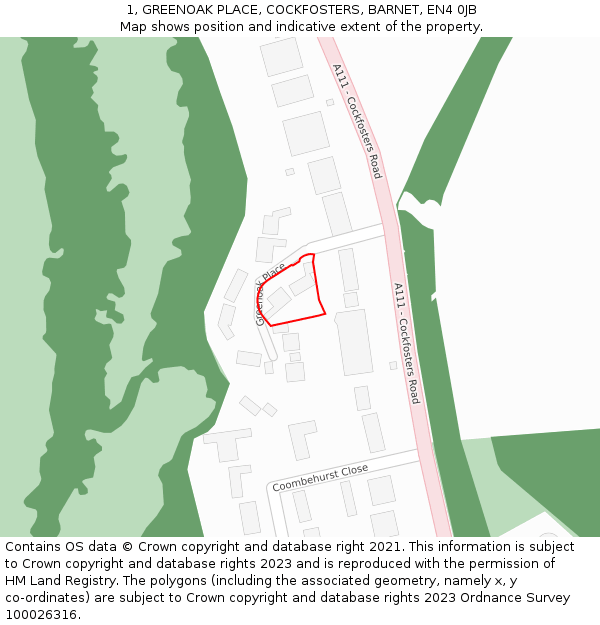 1, GREENOAK PLACE, COCKFOSTERS, BARNET, EN4 0JB: Location map and indicative extent of plot