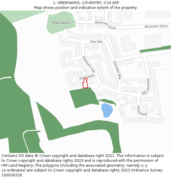 1, GREENWAYS, COVENTRY, CV4 9XP: Location map and indicative extent of plot