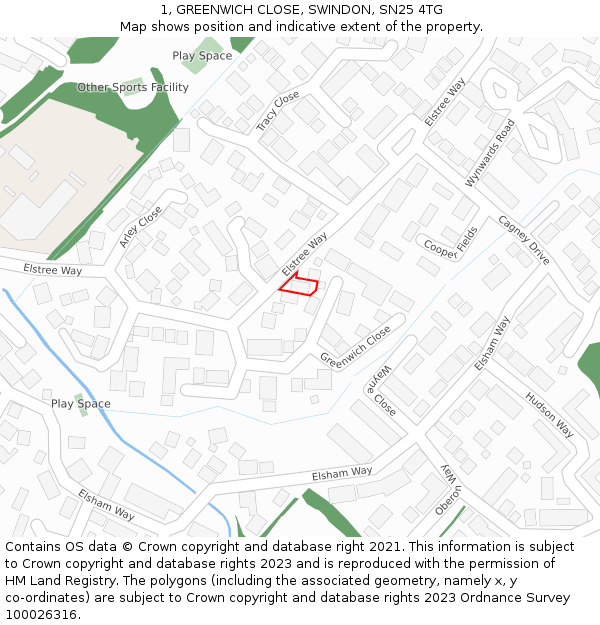 1, GREENWICH CLOSE, SWINDON, SN25 4TG: Location map and indicative extent of plot