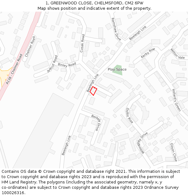 1, GREENWOOD CLOSE, CHELMSFORD, CM2 6PW: Location map and indicative extent of plot