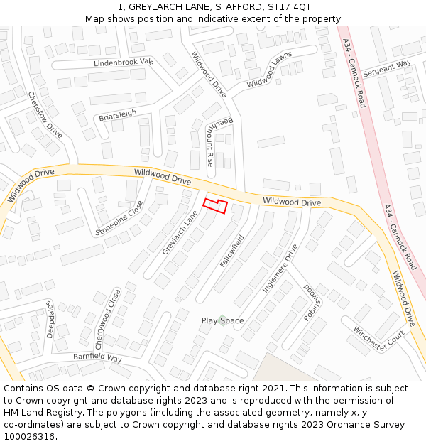 1, GREYLARCH LANE, STAFFORD, ST17 4QT: Location map and indicative extent of plot