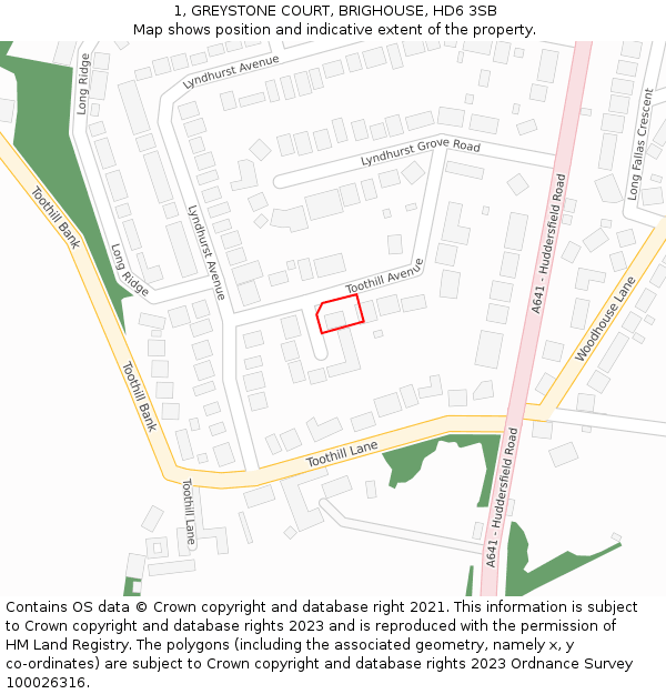 1, GREYSTONE COURT, BRIGHOUSE, HD6 3SB: Location map and indicative extent of plot