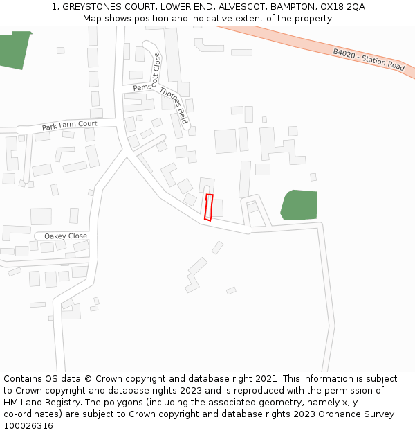 1, GREYSTONES COURT, LOWER END, ALVESCOT, BAMPTON, OX18 2QA: Location map and indicative extent of plot