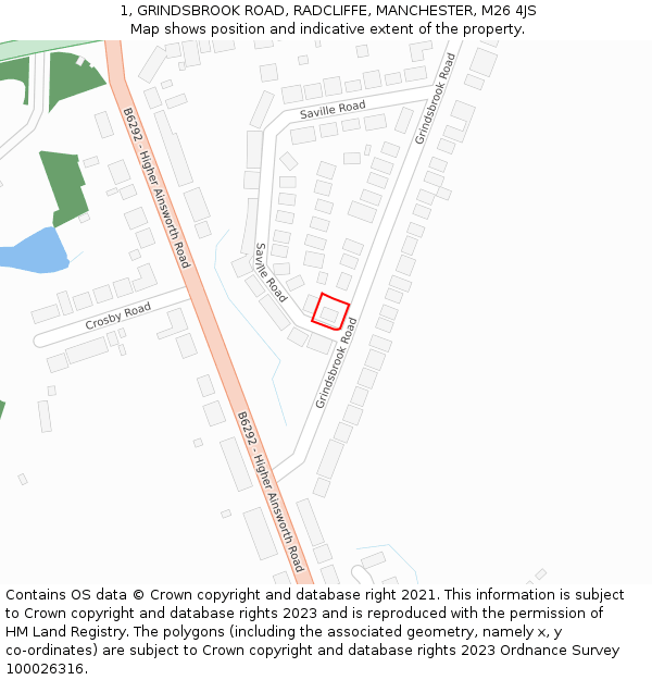 1, GRINDSBROOK ROAD, RADCLIFFE, MANCHESTER, M26 4JS: Location map and indicative extent of plot