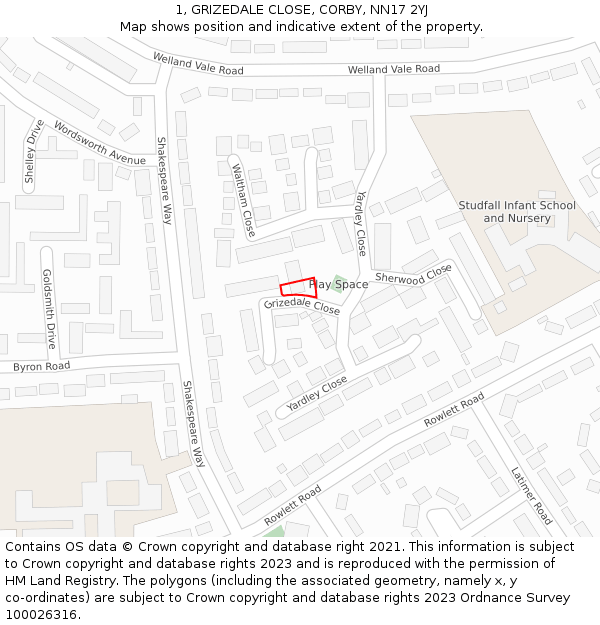 1, GRIZEDALE CLOSE, CORBY, NN17 2YJ: Location map and indicative extent of plot