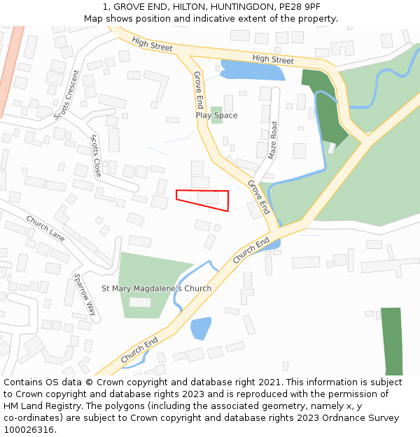 1, GROVE END, HILTON, HUNTINGDON, PE28 9PF: Location map and indicative extent of plot