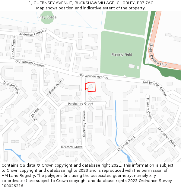 1, GUERNSEY AVENUE, BUCKSHAW VILLAGE, CHORLEY, PR7 7AG: Location map and indicative extent of plot