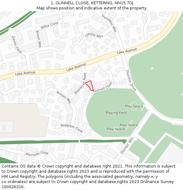 1, GUNNELL CLOSE, KETTERING, NN15 7DJ: Location map and indicative extent of plot