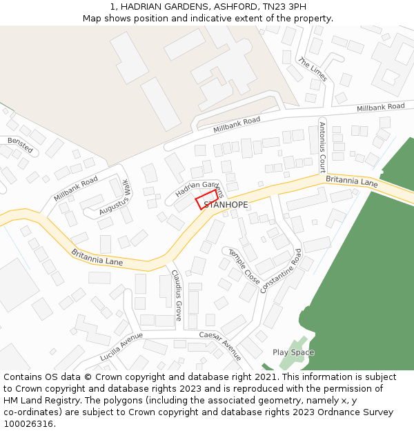 1, HADRIAN GARDENS, ASHFORD, TN23 3PH: Location map and indicative extent of plot