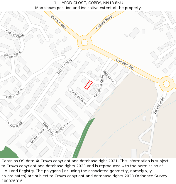 1, HAFOD CLOSE, CORBY, NN18 8NU: Location map and indicative extent of plot