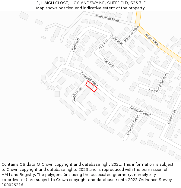 1, HAIGH CLOSE, HOYLANDSWAINE, SHEFFIELD, S36 7LF: Location map and indicative extent of plot