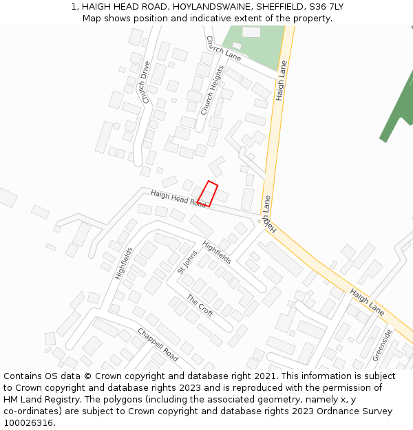 1, HAIGH HEAD ROAD, HOYLANDSWAINE, SHEFFIELD, S36 7LY: Location map and indicative extent of plot