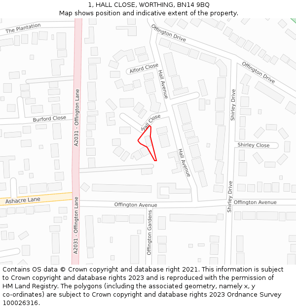 1, HALL CLOSE, WORTHING, BN14 9BQ: Location map and indicative extent of plot