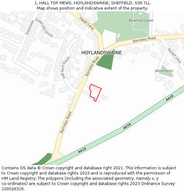 1, HALL TOP MEWS, HOYLANDSWAINE, SHEFFIELD, S36 7LL: Location map and indicative extent of plot