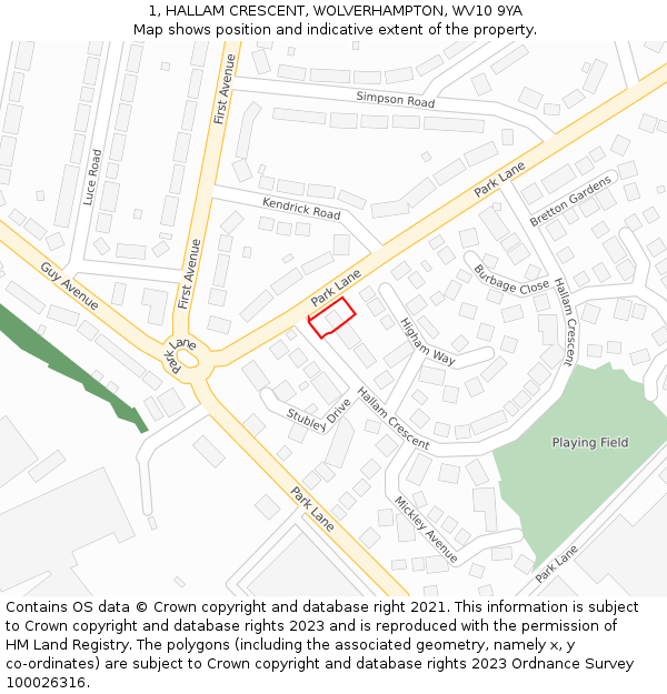 1, HALLAM CRESCENT, WOLVERHAMPTON, WV10 9YA: Location map and indicative extent of plot