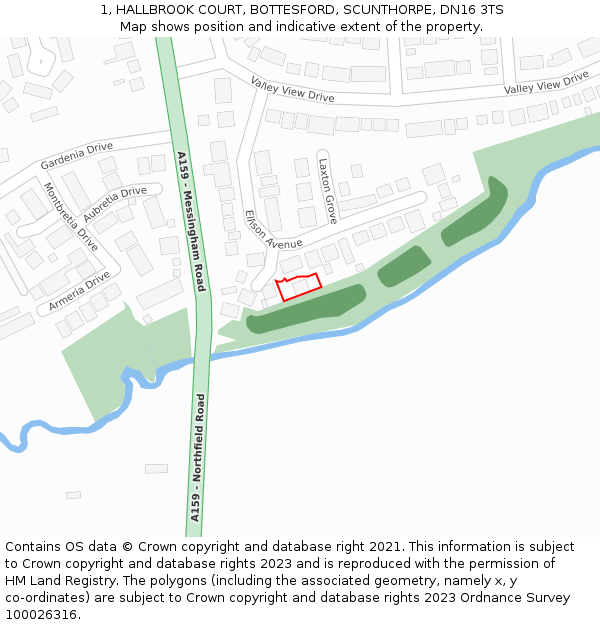 1, HALLBROOK COURT, BOTTESFORD, SCUNTHORPE, DN16 3TS: Location map and indicative extent of plot