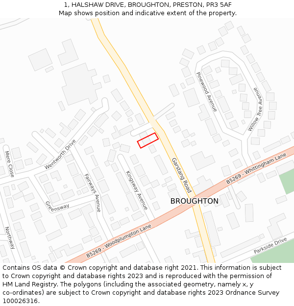 1, HALSHAW DRIVE, BROUGHTON, PRESTON, PR3 5AF: Location map and indicative extent of plot