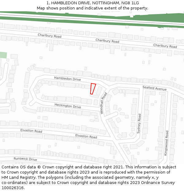 1, HAMBLEDON DRIVE, NOTTINGHAM, NG8 1LG: Location map and indicative extent of plot
