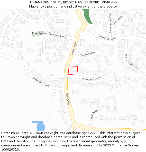 1, HAMPDEN COURT, BIDDENHAM, BEDFORD, MK40 4HX: Location map and indicative extent of plot